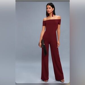 Lulus Off-Shoulder Burgundy Alleyoop Jumpsuit